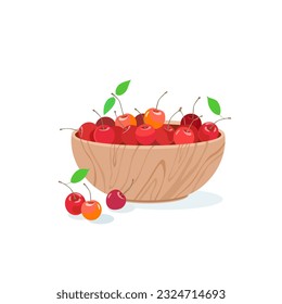 Berries of ripe red cherries in deep wooden bowl. Vector illustration in cartoon style on white isolated background. Concept of harvesting on country farm or garden.