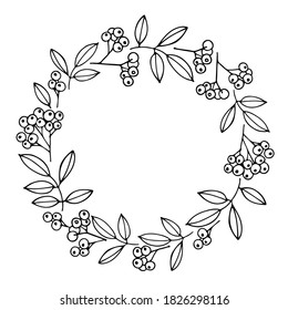 Marco redondo de bayas con fondo de hojas dibujadas a mano. Composición de otoño. Borde del otoño. Para invitación de boda y tarjeta de cumpleaños. Para texto, foto, fecha de guardado, logotipo