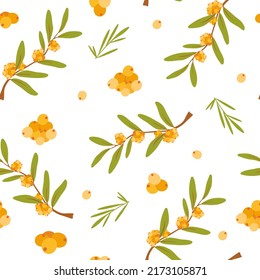 Berries seamless pattern. Autumn Background with sea-buckthorn berries. Design for poster, kitchen textiles, clothing and wallpaper. Flower graphic design. Botany texture. Vector