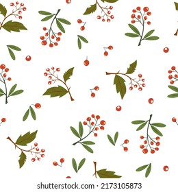 Berries seamless pattern. Autumn Background with rowan and rosehip berries. Design for poster, kitchen textiles, clothing and wallpaper. Flower graphic design. Botany texture. Vector