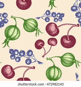 Berries seamless pattern gooseberry currant cherry garden berries vintage ink hand drawn vector