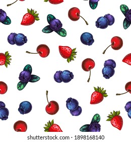 berries seamless pattern isolated on white. mix of garden or forest berries endless background. Strawberry, blueberry, cherry. Background design of summer fruits. great for packaging, wrapping paper