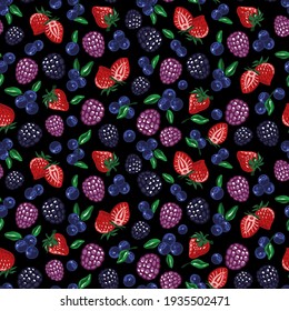 Berries seamless pattern on black background. Vector.