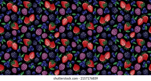 Berries seamless pattern on black background. horizontal. Vector.