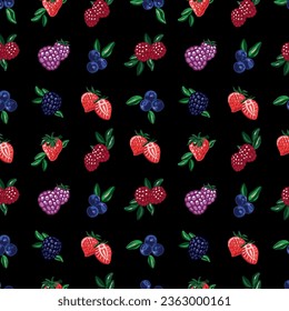 Berries seamless pattern on black background, sweet ripe berries. Vector.