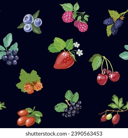 Berries seamless pattern on black background, sweet ripe berries and flowers and leaves. Vector