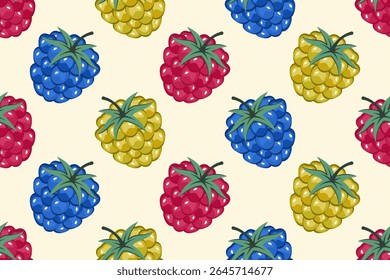 Berries Padrão sem emenda. Fundo de framboesa e amora. Padrão de frutos coloridos. Framboesa e amora vermelhas maduras inteiras com folha verde. Vitamina fresca suculenta. Ilustração vetorial