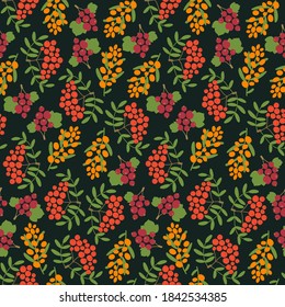 Berries seamless pattern. Red currant, mountain ash and sea buckthorn. Hand drawn fresh fruit. Vector sketch background. Color doodle wallpaper. Dress print