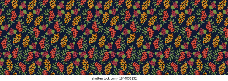 Berries seamless pattern. Red currant, mountain ash and sea buckthorn. Hand drawn fresh fruit. Vector sketch background. Color doodle wallpaper. Dress print
