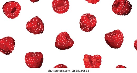 Berries seamless pattern with red raspberry on white background. Perfect print for wrapping paper and fabric. Raspberries vector design for fabric, paper, wallpaper, decoration, wrapping, other use.