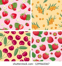 Berries seamless pattern. Set of color vector illustrations in cartoon flat style. Strawberries, raspberries, sea buckthorn, cherries, green leaves and flowers.