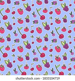 Berries seamless pattern. Strawberry, cherry, blueberry, stars, blackberry. Cute hand drawn elements.