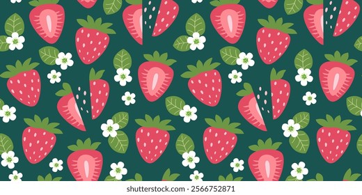 Berries seamless pattern with strawberry and flowers in flat design. Simple vector illustration.
