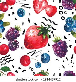 Berries seamless pattern in watercolor with black graphics. Colorful background with strawberries, blackberries, cherries,  blueberries. Natural illustration. Spring blossom.  Vector