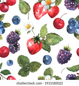 Berries seamless pattern in watercolor. Colorful background with strawberries, blackberries, cherries and blueberries. Natural illustration. Spring blossom. Collection for print and cards. Vector