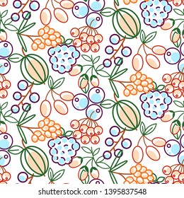 Berries seamless vector pattern. Food outline berry icons repeat wrap bright red texture.