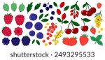 Berries set. Cherry, black currant, raspberry, gooseberry, blueberry, blackberry, strawberry, barberry, sea buckthorn. Fresh summer juicy berry. Flat Vector illustration isolated on white background