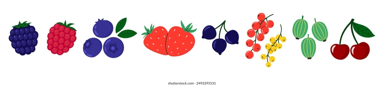 Beeren gesetzt. Kirsche, schwarze Johannisbeere, Himbeere, Stachelbeere, Heidelbeere, Brombeere, Erdbeere. Frische sommerliche saftige Beere. Flache Vektorillustration isoliert auf weißem Hintergrund