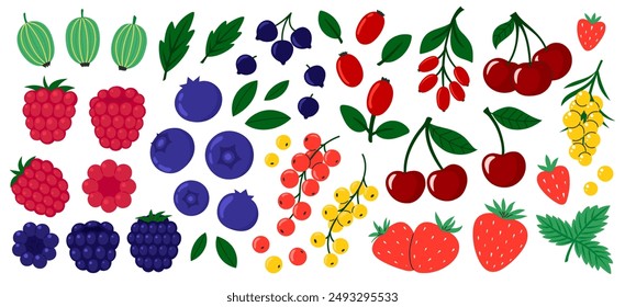 Beeren gesetzt. Kirsche, schwarze Johannisbeere, Himbeere, Stachelbeere, Heidelbeere, Brombeere, Erdbeere, Berberitze, Sanddorn. Frische sommerliche saftige Beere. Flache Vektorillustration isoliert auf weißem Hintergrund