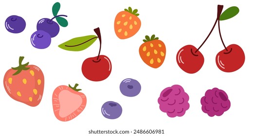 Berries set. Fresh cherry, blueberry, bilberry, whortleberry, raspberry and strawberry fruits with leaves. Natural vitamin summer eating. Flat vector illustrations isolated on white background