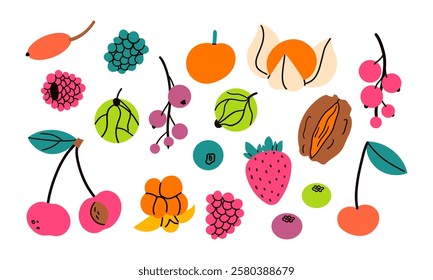 Berries set. Juicy forest berry, raspberry, strawberry, blueberry, gooseberry and red currant, wild edible fresh berries flat vector illustration set. Ripe delicious berries collection .Tropical 