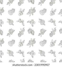 Berries set, lines pattern.Strawberries, blueberries, raspberries, green leaves. Seamless pattern, white background. vector
