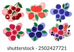 Berries set on abstract background. Cherry, raspberry, blueberry, blackberry, strawberry and other berry taste. Fresh summer juicy berry. Flat Vector illustration