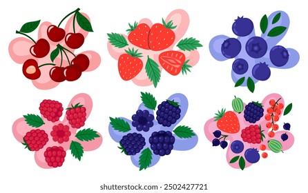 Bayas sobre fondo abstracto. Sabor a cereza, frambuesa, arándano, mora, fresa y otras bayas. Fresca baya jugosa de verano. Ilustración vectorial plana