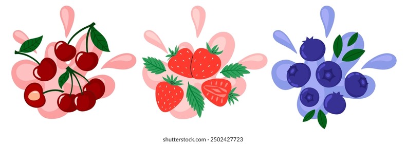 Berries set on abstract background. Cherry, blueberry,  strawberry taste. Fresh summer juicy berry. Flat Vector illustration
