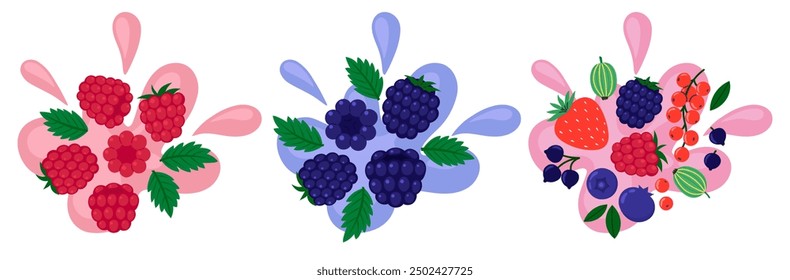 Beeren auf abstraktem Hintergrund. Kirsche, Himbeere, Brombeere und andere Beeren Geschmack. Frische sommerliche saftige Beere. Flache Vektorgrafik