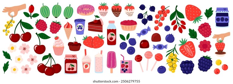 Berries set. Summer refreshing drinks, sweets and desserts with taste of berry. Cherry, black currant, raspberry, gooseberry, blueberry, blackberry, strawberry, barberry, sea buckthorn. Flat Vector 