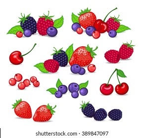 Berries Set Vector Illustration. Strawberry, Blackberry, Blueberry, Cherry, Raspberry, Red currant. Berries and their Combinations Set