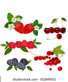 Berries Set Vector Illustration. Strawberry, Blueberry, Cherry, Raspberry, Red currant. Berries and their Combinations Set.