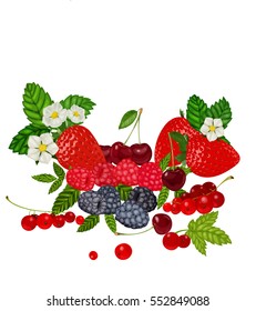 Berries Set Vector Illustration. Strawberry, Blueberry, Cherry, Raspberry, Red currant. Berries and their Combinations Set