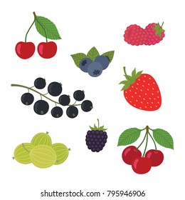 Berries Set Vector Illustration. Strawberry, Blackberry, Blueberry, Cherry, Raspberry, Black currant, Gooseberry. Berries and their Combinations Set