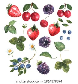 Berries set in watercolor. Colorful background with strawberries, blackberries, cherries and blueberries, flowers and leaves. Natural illustration. Spring blossom. Collection for print and cards.