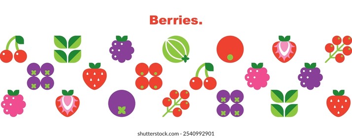 Berries set.Abstract design geométrico.Ícones simples em estilo plano. Elementos isolados em fundo branco.Padrão sem costura.Comida orgânica.Morango, oxicoco, framboesa e cereja.Ilustração vetor.