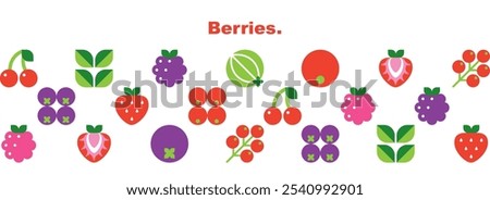 Berries set.Abstract geometric design.Simple icons in flat style. Elements isolated on white background.Seamless pattern.Organic food.Strawberry, cranberry, raspberry and cherry.Vector illustration.