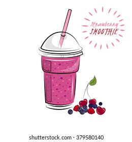 Berries smoothie. Smoothie to go. Hand drawn illustration.