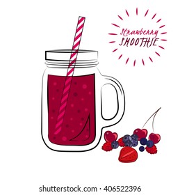 Berries smoothie. Sketch style illustration. Strawberry, raspberry, blueberry, black currant, cherry.