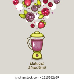 Berries smoothie vector illustration. Blender with fresh mix of forest berries. Healthy drink for vegan menu.