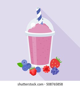 berries smoothie vector illustration, blueberries, strawberry, raspberries, blackberry, blend fruits juice, flat design with long shadow