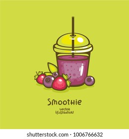 Berries smoothie vector illustration. Fresh drink with blueberry and strawberry. Detox menu. Template for logo and menu design.