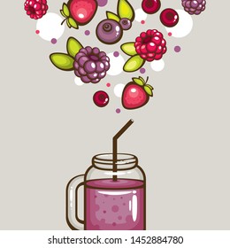 Berries smoothie vector illustration. Glass jar with fresh mix of forest berries. Healthy drink for vegan menu.