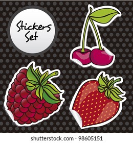 berries stickers on black background with gray dots