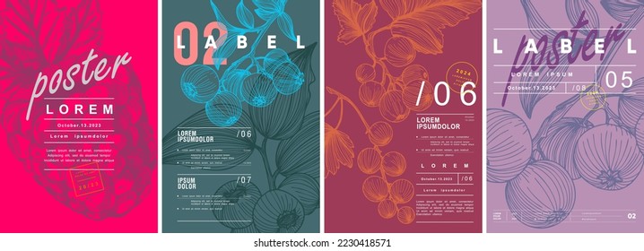 Berries. Strawberries, raspberries, currants. Price tag or poster design. Set of vector illustrations. Typography. Vintage pencil sketch. Engraving style. Labels, cover, t-shirt print, painting.