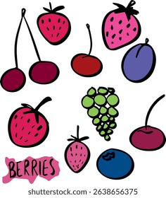 berries strawberry cherry blackberry plum doodle set. Vector illustration