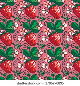 Berries and strawberry flowers are intertwined in a pattern.