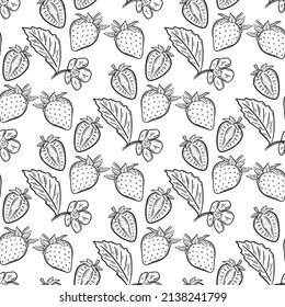 Berries strawberry flowers and leaves seamless pattern. Berry background black hand engraving. Template with organic healthy food for paper, packaging and design vector illustration