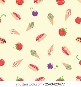 Las bayas y los dulces hacen un postre increíble, postre, confitero, azúcar, Vector, ilustración, aislado, grosella, fondo, arte, comida, mermelada, cono de gofre
